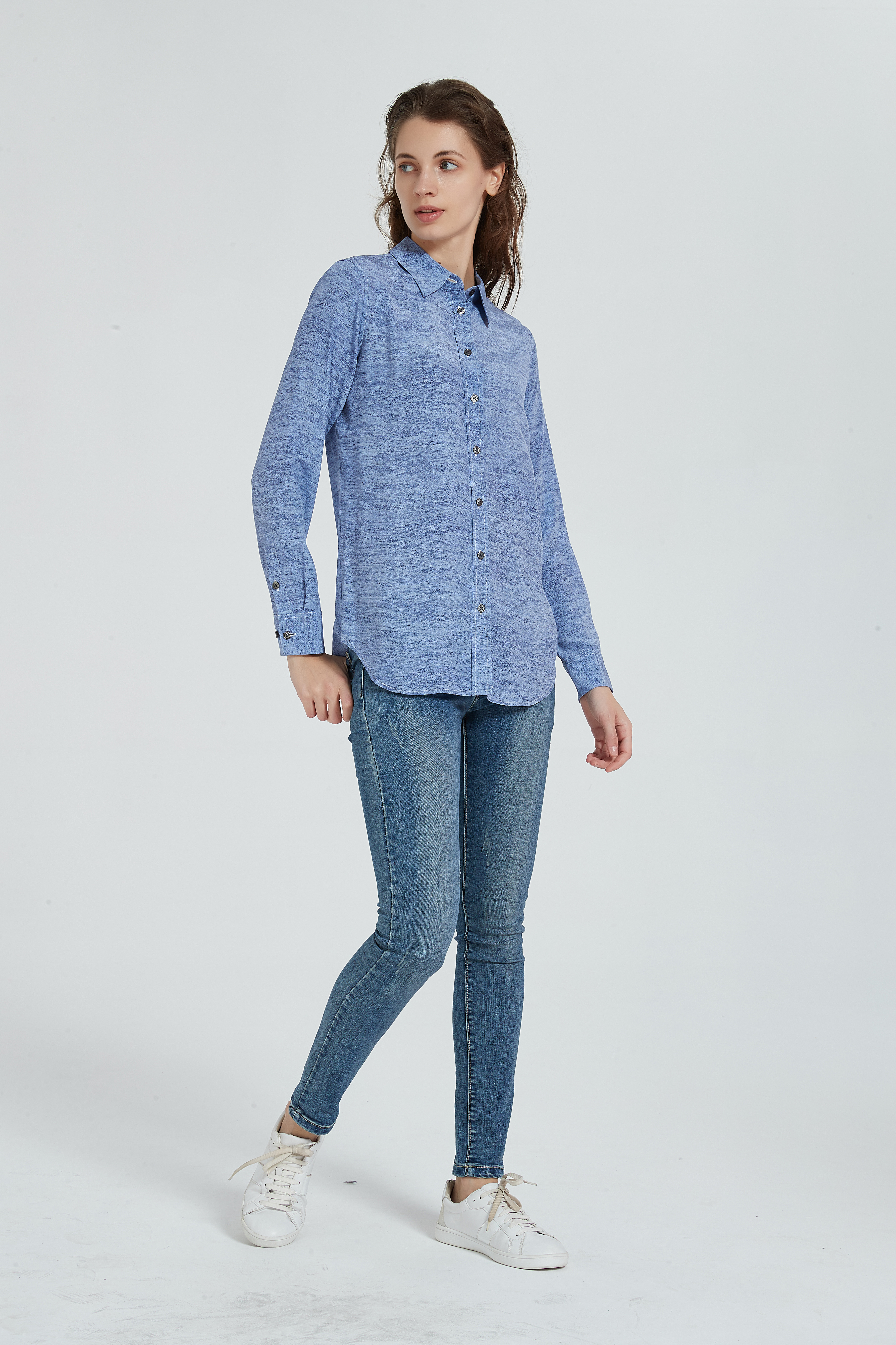 Women's 100% Silk Long Sleeve Blouse, Blue Underpainting Cloud Print.