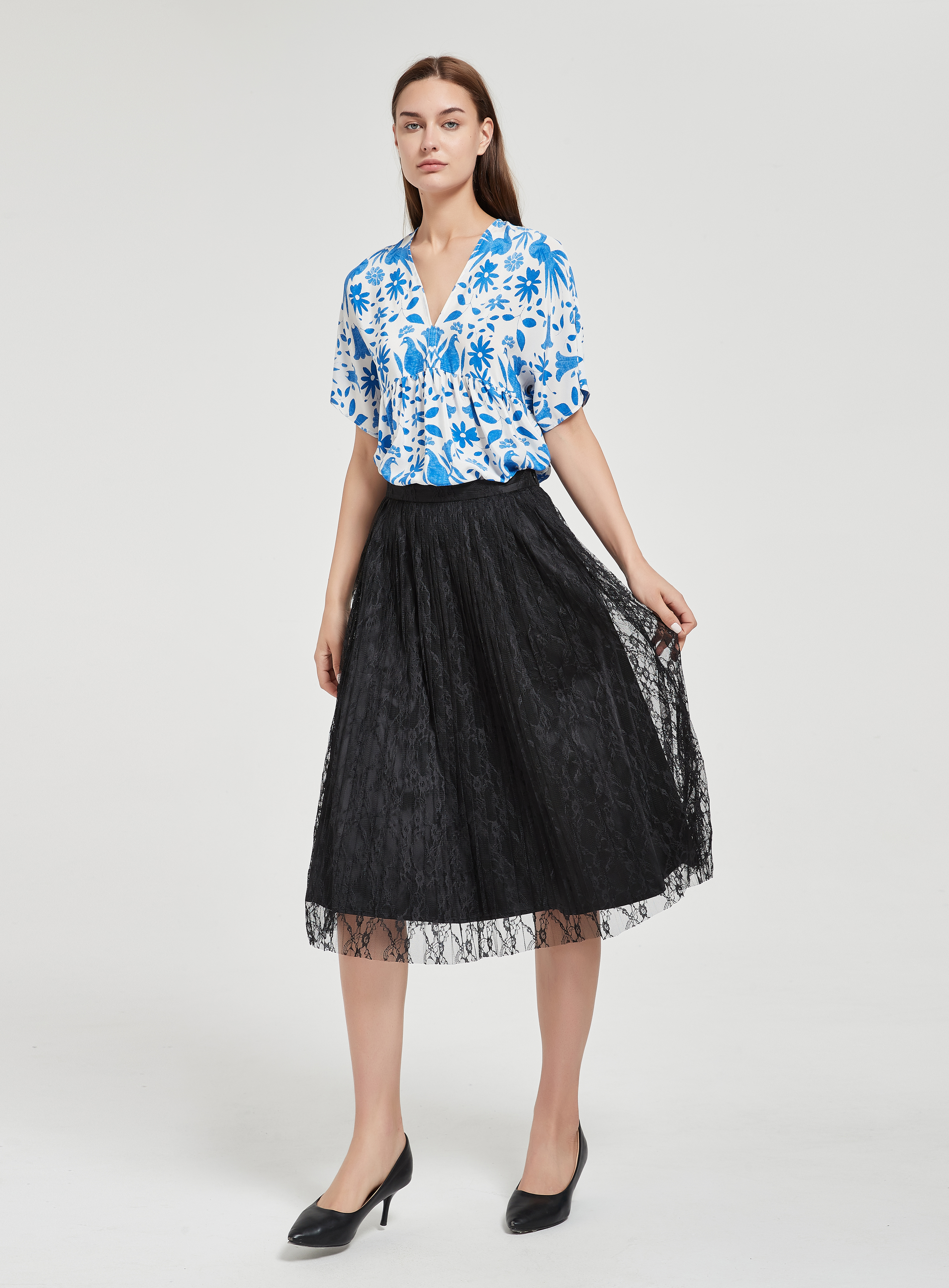 Custom Ladies Lace Elastic Waist Black Maxi Skirt